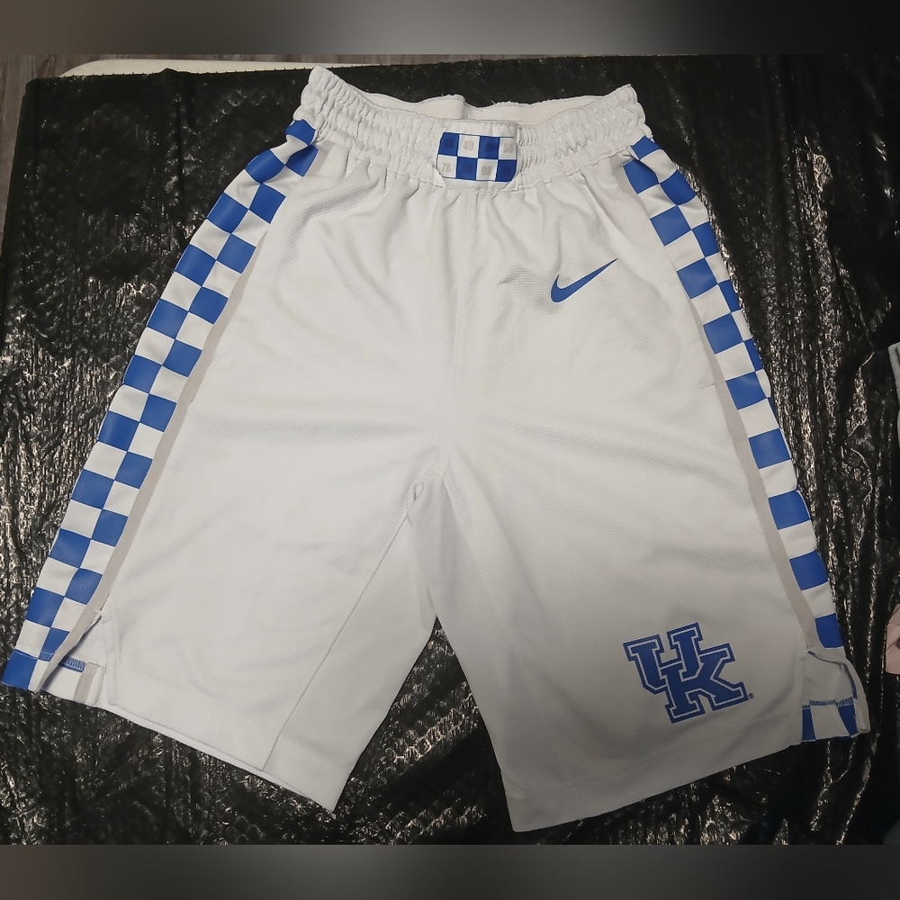 Nike White Shorts with Blue Checker Trim and Swoosh